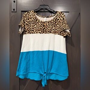 Leopard/white/Turquoise block pattern blouse